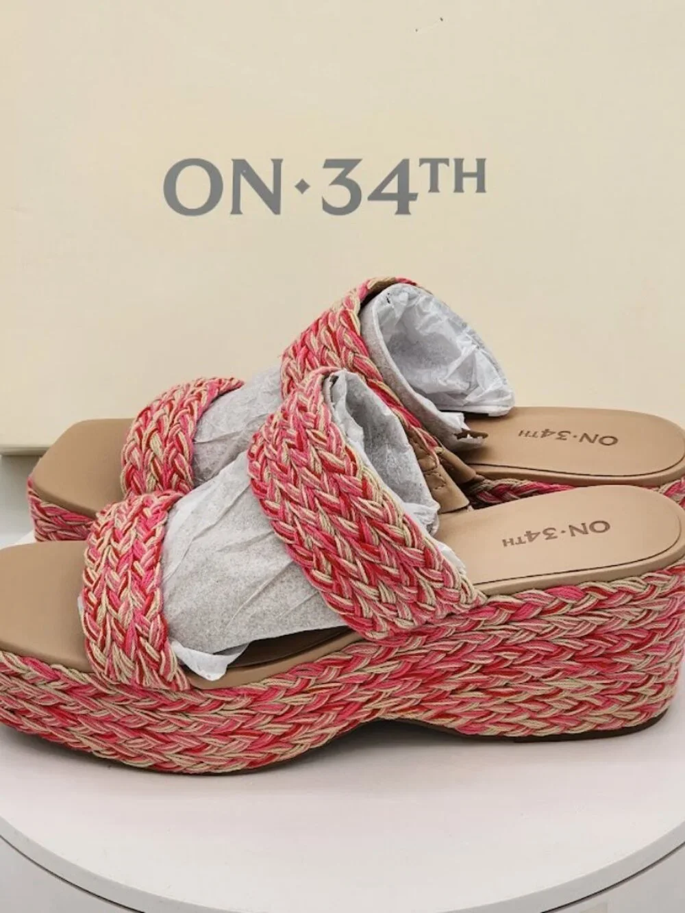 On 34th Norina Pink Multi Raffia Platform Wedge Sandals Women’s Size 9M